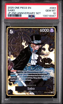 2025 ONE PIECE OP04-083 JAPANESE 2ND ANNIVERSARY SET SABO ENG PSA 10 GEM MINT - Image 1