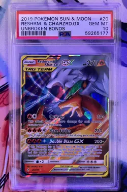 2019 Pokemon Sun & Moon Reshiram & Charizard GX 20/214 PSA 10 Unbroken Bonds TCG - Image 1