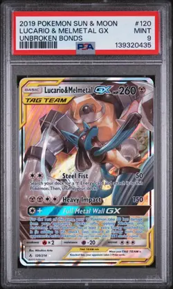 2019 POKEMON SUN & MOON UNBROKEN BONDS #120 LUCARIO & MELMETAL GX PSA 9 - Image 1