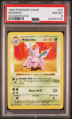1999 Pokemon Game Base NIDORINO SHADOWLESS #37 PSA 8 RARE - Image 2