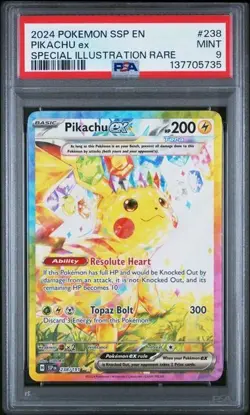 2024 POKEMON SSP EN-SURGING SPARKS SPECIAL ILLUSTRATION RARE PIKACHU EX PSA 9 - Image 1