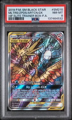 2019 POKEMON SM210 | HIDDEN FATES ETB FA/MOLTRES & ZAPDOS & ARTICUNO GX | PSA 8 - Image 1