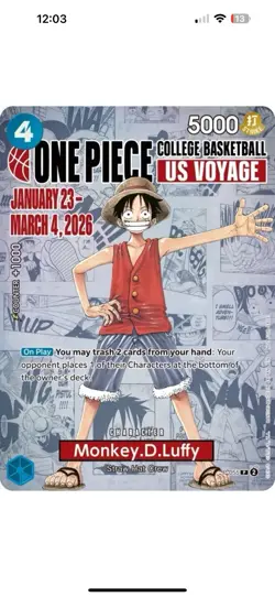 One Piece Monkey.D.Luffy US College Basketball Promo Card & poster PRESALE - Image 2