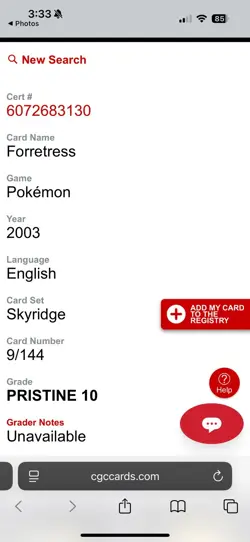 CGC PRISTINE 10 Forretress 9/144 Skyridge Non-Holo Pokemon WOTC 2003 POP 8 - Image 3