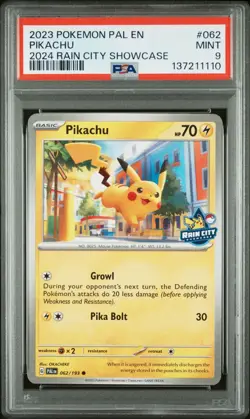 2024 Pokemon Paldea Evolved Pikachu 062/193 NBA Rain City Showcase PSA 9 MINT - Image 1