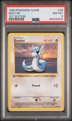 PSA 8 Dratini 26/102 1st Edition Shadowless Base Set 1999 Pokemon Card - Image 1
