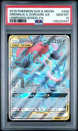 2019 POKEMON SUN & MOON UNBROKEN BONDS FULL ART/GRENINJA & ZOROARK GX PSA 10 - Image 1