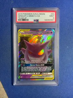 2019 POKEMON SUN & MOON TEAM UP #53 GENGAR & MIMIKYU GX PSA 9 - Image 1