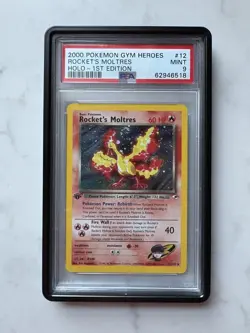 Pokemon TCG Rockets Moltres Holo Rare Card 12/132 Gym Heroes - 1st Edition PSA 9 - Image 1