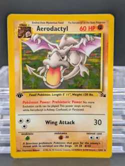 Pokemon 1st Edition Aerodactyl 1/62 Fossil TCG Rare Holo Card 1999 - Image 1