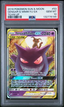 2019 POKEMON SUN & MOON TEAM UP #53 GENGAR & MIMIKYU GX PSA 10 - Image 1