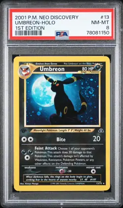 POKEMON 1ST EDITION NEO DISCOVERY HOLO UMBREON 13/75 PSA 8 TAIL 🌀 SWIRL - Image 1