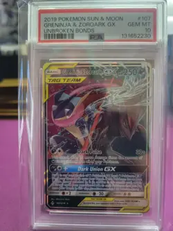 2019 Pokemon Sun & Moon Greninja & Zoroark GX #107 Unbroken Bonds PSA 10 - Image 1