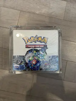 New Sealed Pokemon TCG Stellar Crown Booster Box (slight tear) w/ Acrylic Case - Image 1