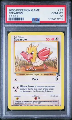 2000 Pokemon Base 2 # 92 Spearow PSA 10 Card GEM MINT! Trusted Seller! Free Ship - Image 1