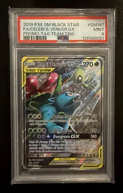 2019 Pokemon Celebi & Venusaur GX Tag Team Black Star Full Art Promo SM167 PSA 9 - Image 1
