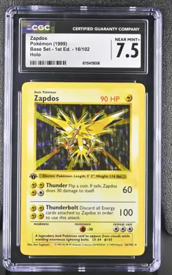CGC 7.5 Zapdos 1999 Base Set 1st Edition Shadowless 16/102 Holo Pokemon Card - Image 1
