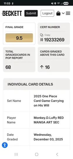 2025 ONE PIECE RED MANGA ALTERNATE ART OP13-118 MONKEY D. LUFFY BGS 9.5 - Image 4