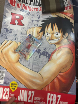 One Piece Monkey D Luffy US Voyage College Basketball Card Rutgers HOLO & Poster - Image 1