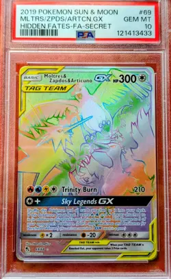 2019 POKEMON SM HIDDEN FATES #69/68 MOLTRES ZAPDOS ARTICUNO GX TAG TEAM PSA 10 - Image 1