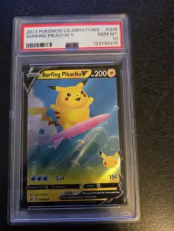 2021 POKEMON CELEBRATIONS #008/025 SURFING PIKACHU V PSA 10 - Image 1