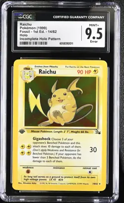 1999 Pokemon Fossil 1st Edition 14/62 Raichu Holo INCOMPLETE HOLO ERROR CGC 9.5 - Image 1