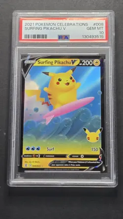 PSA 10 Surfing Pikachu V 008/025 Celebrations Ultra Rare Pokemon 2021 - Image 1