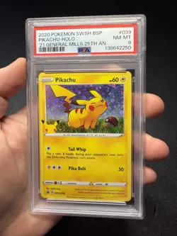 2020 Pokemon Pikachu Holo General Mills 25th PSA 8 SWSH039 Black Star Promo - Image 1