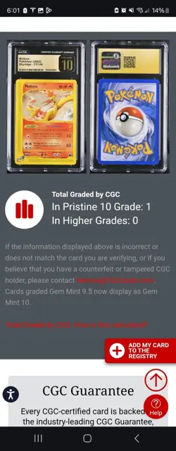 (POP 1) CGC 10 PRISTINE Moltres 21/144 Pokemon 2003 Skyridge E-Series Card - Image 4