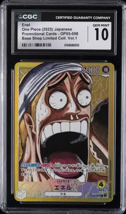 2025 ONE PIECE PROMO CARDS JPN BASE SHOP LTD COLL VOL.1 ENEL CGC 10 GEM MINT - Image 1