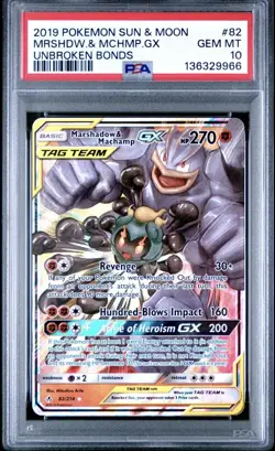 2019 POKEMON SUN & MOON UNBROKEN BONDS #82 MARSHADOW & MACHAMP GX PSA 10 - Image 1