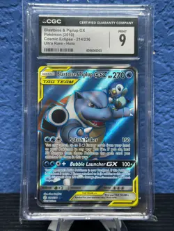 2019 Pokemon Cosmic Eclipse #214 Blastoise & Piplup GX Ultra Rare CGC 9 MINT - Image 1