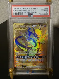 PSA 10 GEM MINT Pokemon Japanese Mewtwo & Mew GX Gold #222 Tag Team GX All Stars - Image 1