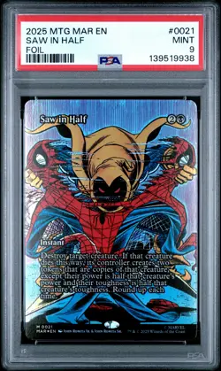 2025 MTG MARVEL'S SPIDER-MAN: SOURCE MATERIAL FOIL #0021 SAW IN HALF PSA 9 - Image 1