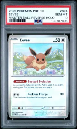2025 POKEMON PRE EN-PRISMATIC EVOLUTIONS MASTER BALL REVERSE HOLO EEVEE PSA 10 - Image 1