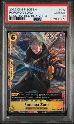 2025 ONE PIECE PROMOS ILLUSTRATION BOX VOL.3 #113 RORONOA ZORO PSA 10 - Image 1