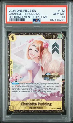 2024 ONE PIECE PROMOS OFFICIAL EVENT TOP PRIZE #112 CHARLOTTE PUDDING PSA 10 - Image 1