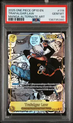 2025 ONE PIECE OP10-ROYAL BLOOD MANGA ALTERNATE ART #119 TRAFALGAR LAW PSA 10 - Image 1