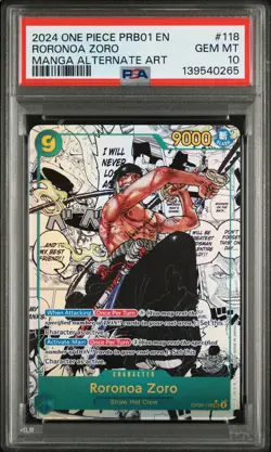 2024 ONE PIECE PRB01-PREMIUM BOOSTER MANGA ALT ART #118 RORONOA ZORO PSA 10 - Image 1