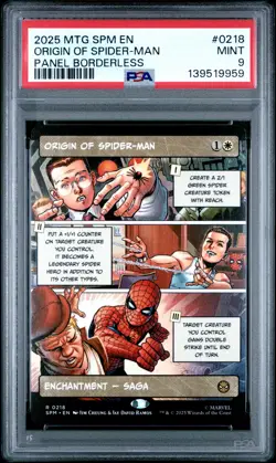 2025 MTG MARVEL'S SPIDER-MAN PANEL BORDERLESS #0218 ORIGIN OF SPIDER-MAN PSA 9 - Image 1