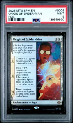 2025 MTG MARVEL'S SPIDER-MAN FOIL #0009 ORIGIN OF SPIDER-MAN PSA 9 - Image 1