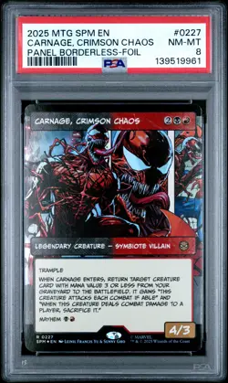 2025 MTG MARVEL'S SPIDER-MAN PANEL BORDERLESS-FOIL CARNAGE, CRIMSON CHAOS PSA 8 - Image 1