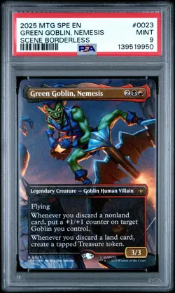 2025 MTG MARVEL'S SPIDER-MAN ETERNAL BORDERLESS-FOIL GREEN GOBLIN, NEMESIS PSA 9 - Image 1