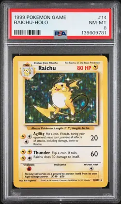 1999 POKEMON BASE SET UNLIMITED #14 RAICHU-HOLO PSA 8 - Image 1