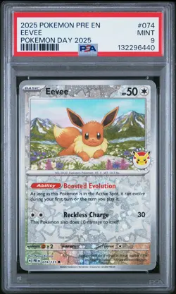 2025 POKEMON PRE EN-PRISMATIC EVOLUTIONS POKEMON DAY 2025 #074 EEVEE PSA 9 - Image 1