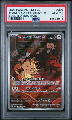 2025 POKEMON DESTINED RIVALS ILLUSTRATION RARE #203 TEAM ROCKET'S MEOWTH PSA 10 - Image 1