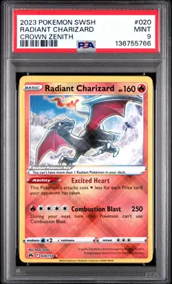 2023 POKEMON SWORD & SHIELD CROWN ZENITH #020 RADIANT CHARIZARD PSA 9 - Image 1