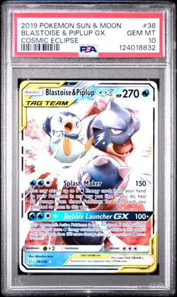 2019 POKEMON SUN & MOON COSMIC ECLIPSE #38 BLASTOISE & PIPLUP GX PSA 10 - Image 1