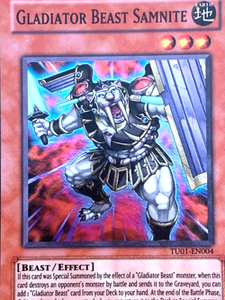 yugioh Gladiator Beast Samnite TU01-EN004 Super Rare light Played - Image 2