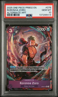 2025 ONE PIECE PRB02-PREMIUM BOOSTER ALTERNATE ART #076 RORONOA ZORO PSA 10 - Image 1
